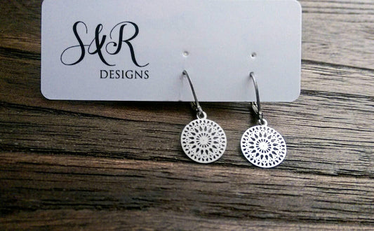 Circle Filigree Silver Stainless Steel Dangle Leverback Earrings.