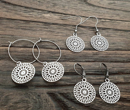 Circle Filigree Stainless Steel Dangle Earrings Medium. Hoop, Leverback or Hook Earrings in Silver or Gold