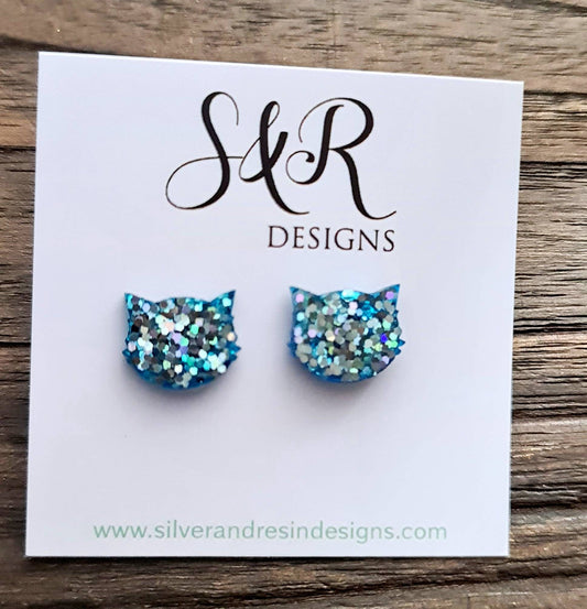 Cat Earrings, Cat Resin Stud Earrings, Blue Holographic Glitter Earrings, Cat Glitter Earrings made with Stainless Steel. Handmade Jewellery