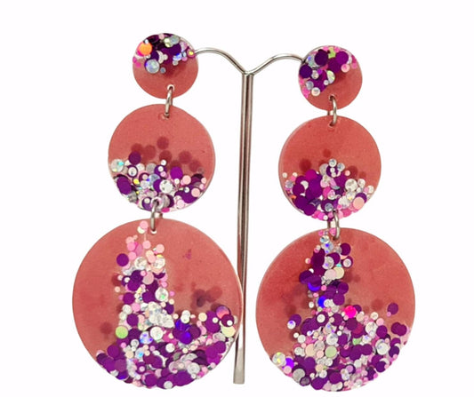 Circle Long Resin Earrings, Statement Pink, Silver, Purple Holographic Glitter Earrings, Bridal Earrings, Stainless Steel Earrings.