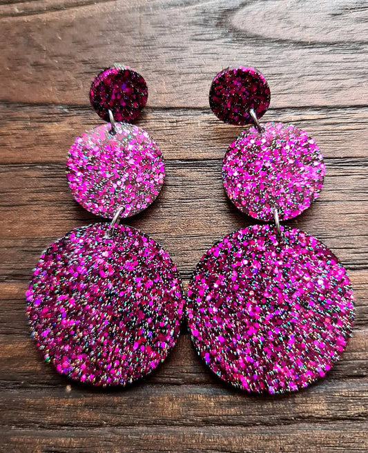 Circle Long Resin Earrings, Statement Hot Pink Black Holographic Glitter Earrings, Bridal Earrings, Bridesmaid, Stainless Steel Earrings.