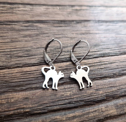 Cat Leverback Earrings, Cat Dangle Earrings, Stainless Steel Dangle Leverback, threaders or Hook Earrings.