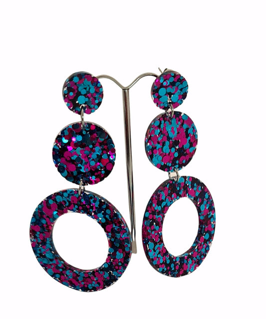 Elegance Extra Long Circle Earrings, Metalic Teal Blue and Hot Pink Glitter Dangle, Statement Earrings made with Stainless Steel