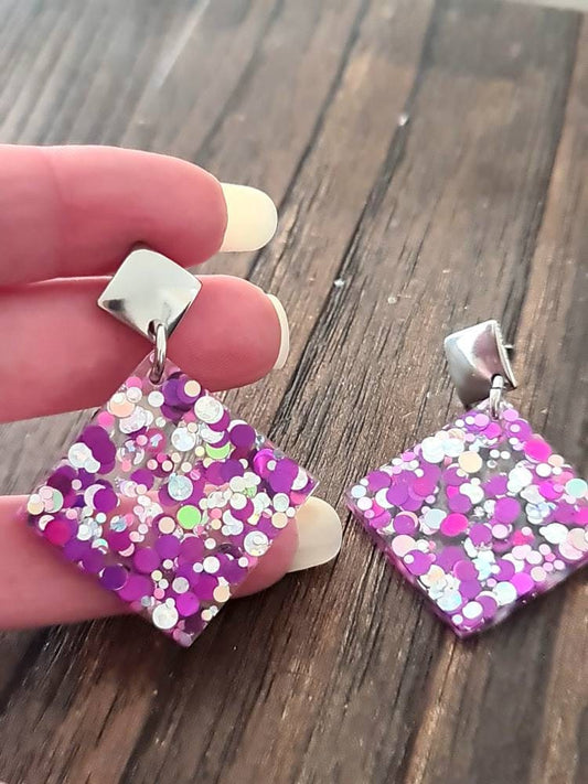 Elegant Square Glittet Dangle Earrings, Hot Pink Silver Holographic Glitter Earrings, Resin Earrings, Stainless Steel Earrings