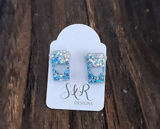 Coffee Cup Stud Earrings, Silver Holographic, Light Blue Glitter Coffee Earrings, Stainless Steel Studs