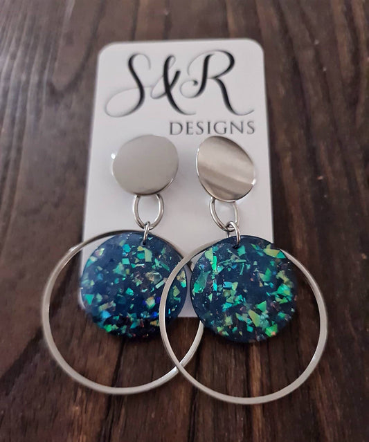 Blue Opal Oversized Stainless Steel Dangles, Statement Faux Opal Glitter Earrings