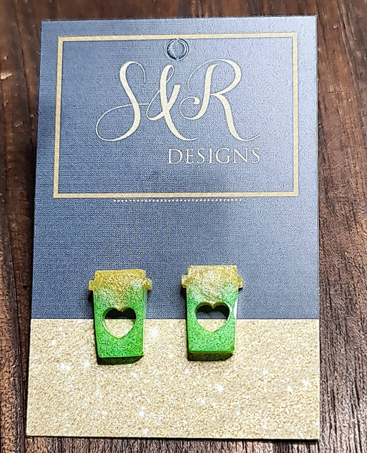 Coffee Cup Stud Earrings, Green Yellow Coffee Earrings, Stainless Steel Studs