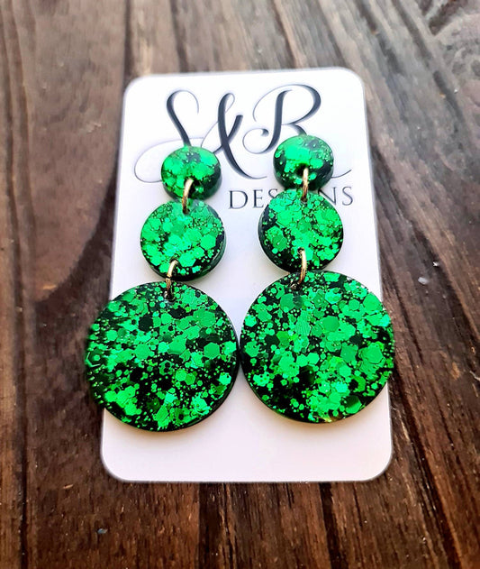 Emerald Green Circle Long Resin Earrings, Statement Emerald Green Glitter Earrings, Bridal Earrings, Stainless Steel Earrings.