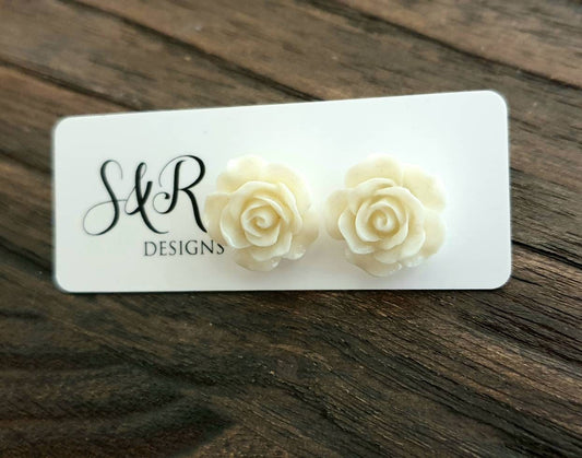 Cream Roses Resin Stud Earrings,  Flower Rose Earrings. Stainless Steel Stud Earrings.