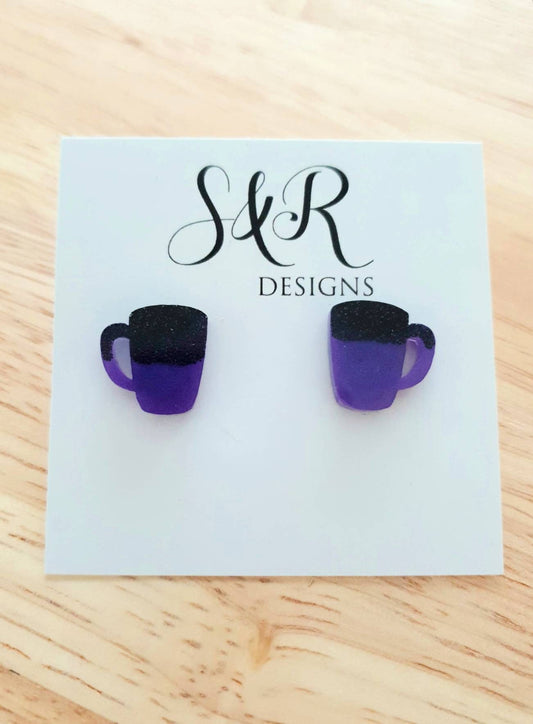 Coffee Cup Stud Earrings, Black and Purple Coffee Mug Cup Earrings, Coffee Lovers, Stainless Steel Studs