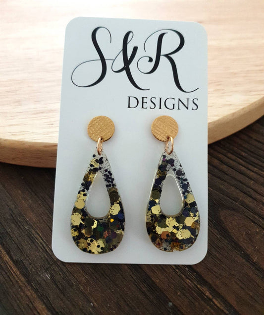 Black Gold Mix Teardrop Dangle Earrings, Resin Stud Earrings, Gold Stainless Steel Earrings, Statement Earrings