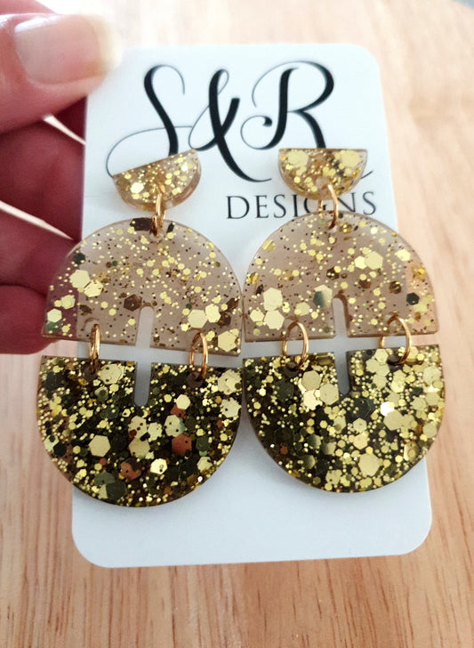 Gold Arch Dangle Earrings, Gold Glitter and Light Smoky Grey Resin Dangles, Statement Earrings