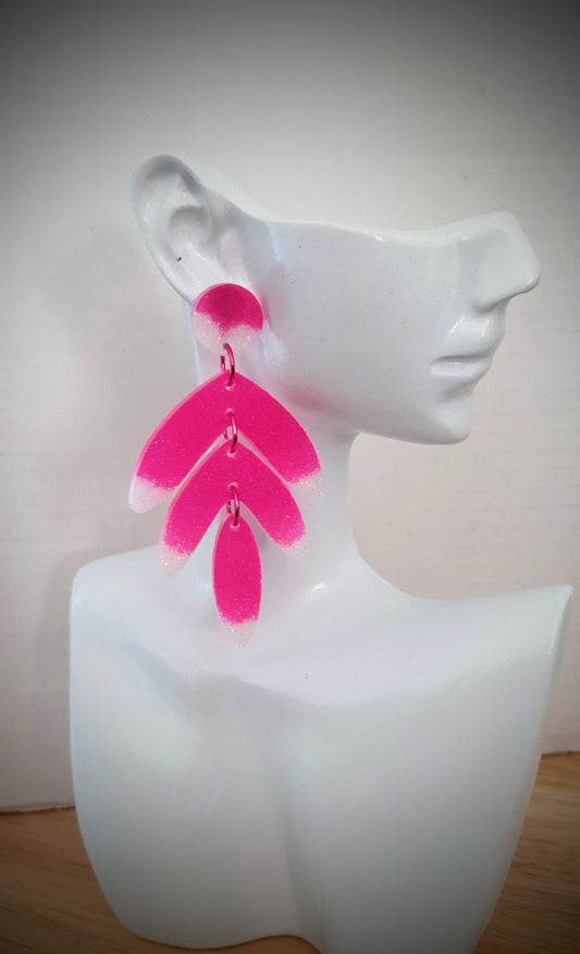 Disco Pink Leaf Extra Long Dangle Drop Earrings, Pink and White Glitter Resin Dangles, Statement Earrings