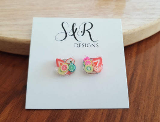 Fruit Salad Cat Earrings, Cat Polymer Fruit Resin Stud Earrings, Earrings made with Stainless Steel.