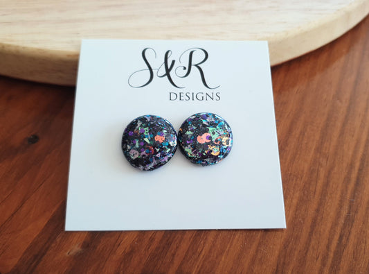 Black Holographic Circle Resin Stud Earrings, Chunky Metalic Mix Glitter Earrings. Stainless Steel Maximalist Studs. 18mm