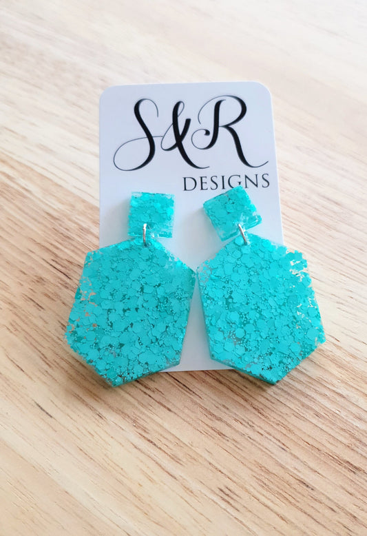 Mint Hexagon Square Dangle Drop Earrings, Resin Handmade Stud Earrings, Statement Earrings