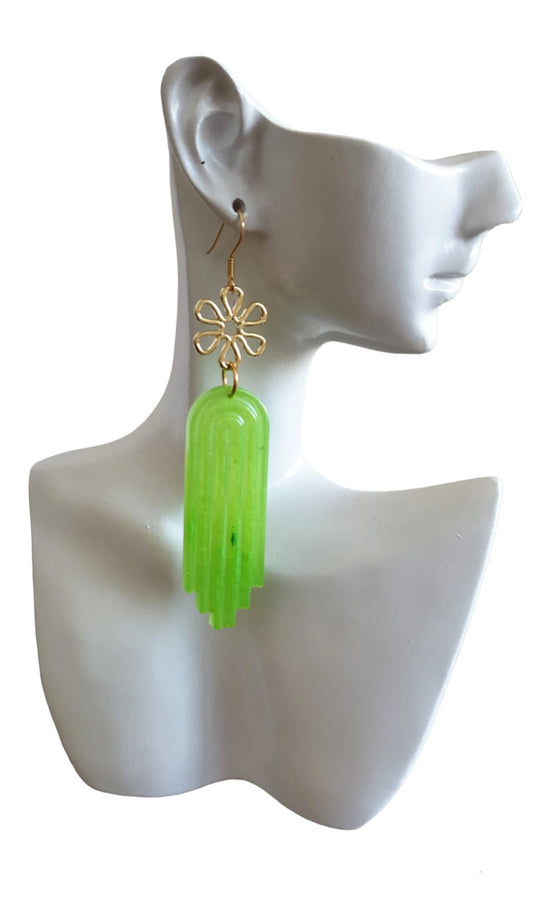 Gold Daisy Flower and Lime Green Dangle Drop Hook Earrings, Statement Handmade Resin Stainless Steel Earwire Dangles.