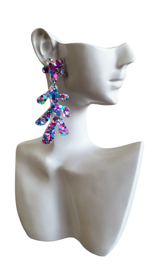 Multicoloured Metalic Flower Leaves Dangle Drop Earrings, Purple Silver Blue Pink Silver Glitter Resin Dangles, Statement Earrings Stainless