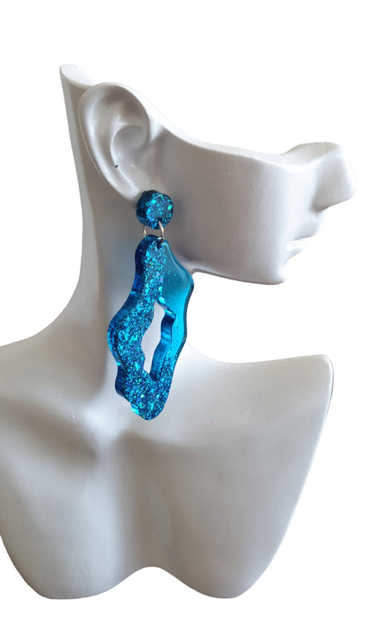 Brilliant Blue Wavy Liquid Shape Dangle Drop Earrings, Blue Glitter, Wave Statement Handmade Resin Earrings