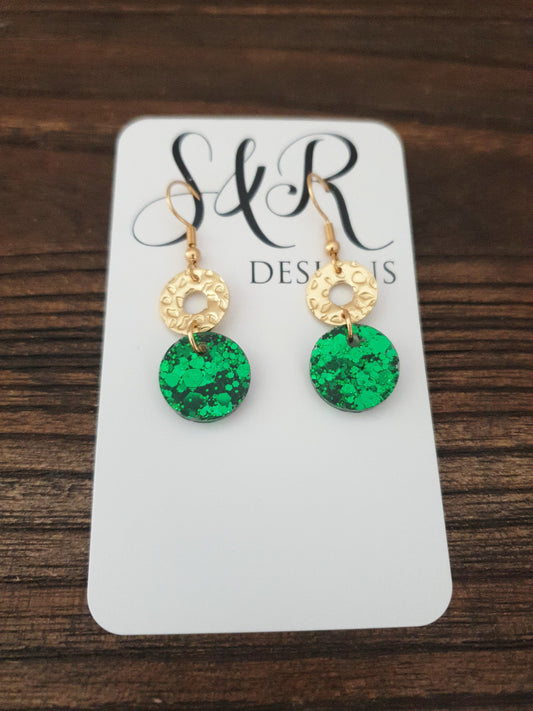 Gold Hammered Circle and Emerald Green Dangle Drop Earrings, Emerald Green Circle Glitter with Gold Stainless Steel, Statement Earrings