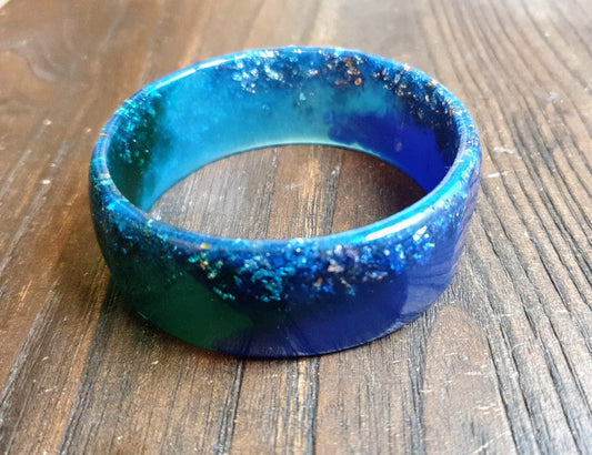 Blue Wide Resin Glitter Bangle, Blue, Aqua  Green Resin with Silver and Rosegold Leaf. Handmade Bangle 67mm inner diameter