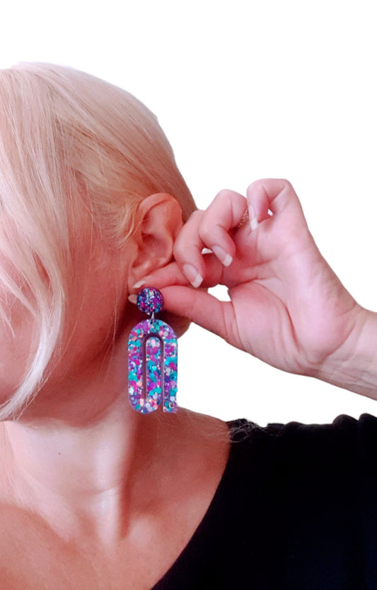 Multicoloured Large Paperclip Dangle Drop Earrings, Statement Handmade Resin Gift, Maximalist Stainless Steel Dangles.