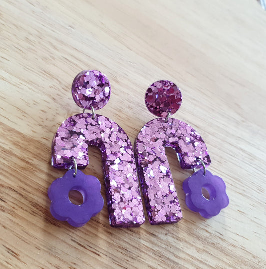 Blush Pink Arch Dangles with Purple Flower, Pink Glitter Resin,  Purple Flower Charm, Statement Stainless Steel Earrings