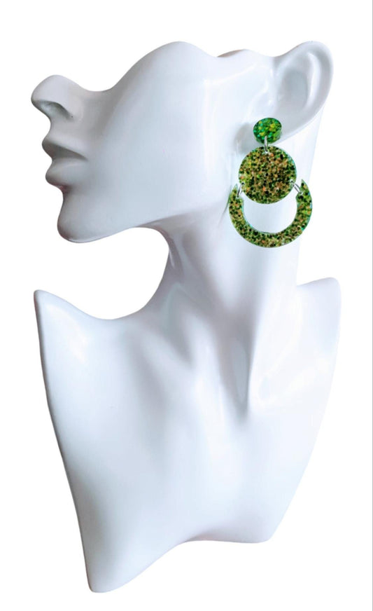 Green Gold Circle Dangle Drop Earrings, Glitter Circle Geometric Dangles, Statement Earrings