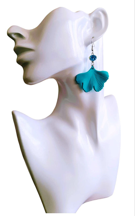 Turquoise Ginkgo Leaves Beaded Dangle Earrings, Blue Sapphire Glass Beaded drop Earrings, Statement Earrings made with Stainless Steel