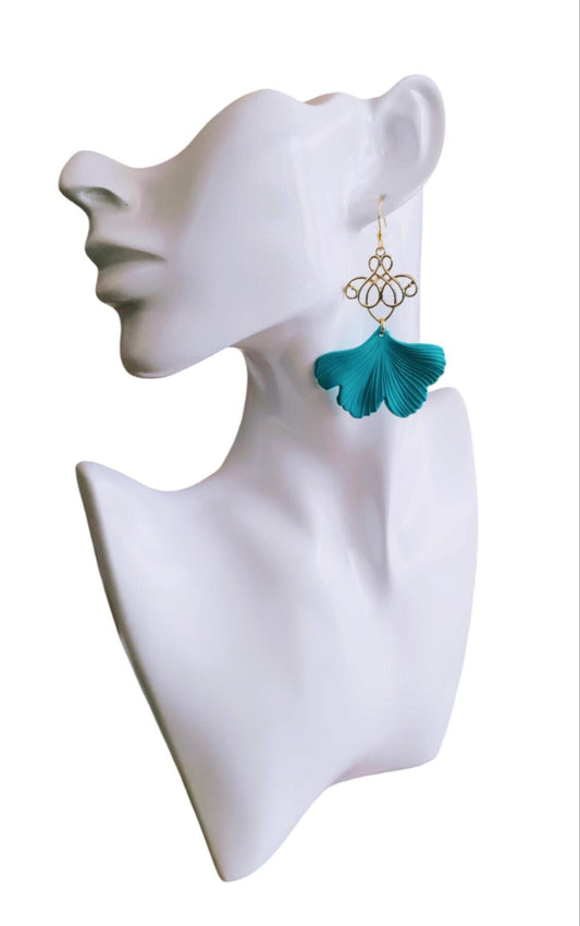 Turquoise Ginkgo Gold Charm Dangle Earrings, Gold drop Earrings, Statement Earrings made with Stainless Steel