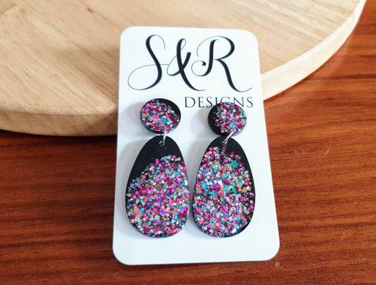 Black Multicoloured Oval Organic Shape Drop Earrings, Black and Multicoloured Glitter, Resin Handmade, Stainless Steel. Personalised Gift