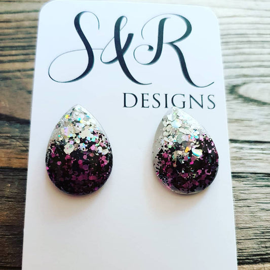 Teardrops Stud Glitter Earrings, Pink Black Silver Holographic Mix Earrings Stainless Steel - Silver and Resin Designs