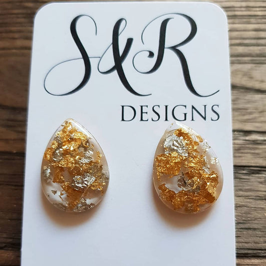 Teardrops Stud Earrings, Light Gold Silver Leaf Mix Earrings Stainless Steel - Silver and Resin Designs