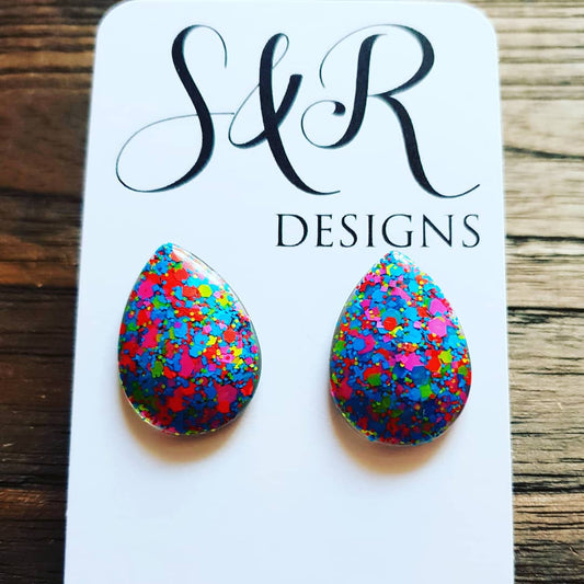 Teardrops Glitter Stud Earrings, Neon Glitter Earrings Stainless Steel - Silver and Resin Designs