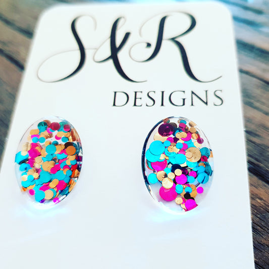 Oval Glass Glitter Resin Stud Earrings Teal Gold Pink Glitter Earrings - Silver and Resin Designs