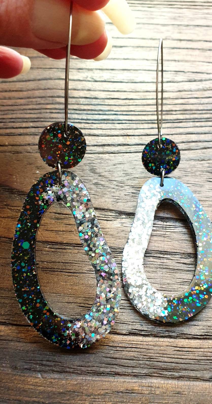 Large Unique Oval Design Long Dangle Earrings, Black Rainbow Silver Holographic Glitter Resin Dangle Statement Earrings