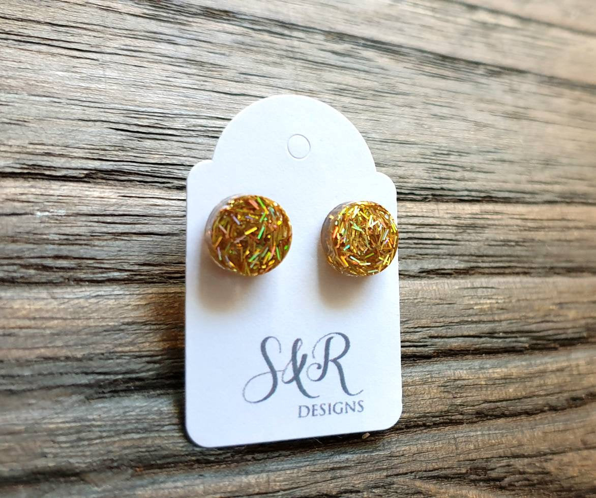 Circle Dot Resin Stud Earrings, Gold Holographic Glitter Earrings. Stainless Steel Stud Earrings. 10mm or 8mm